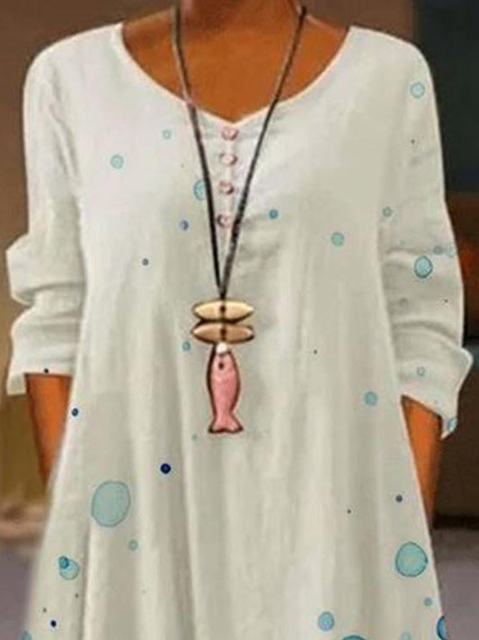 A-Line Floral V Neck Long Sleeve Dress