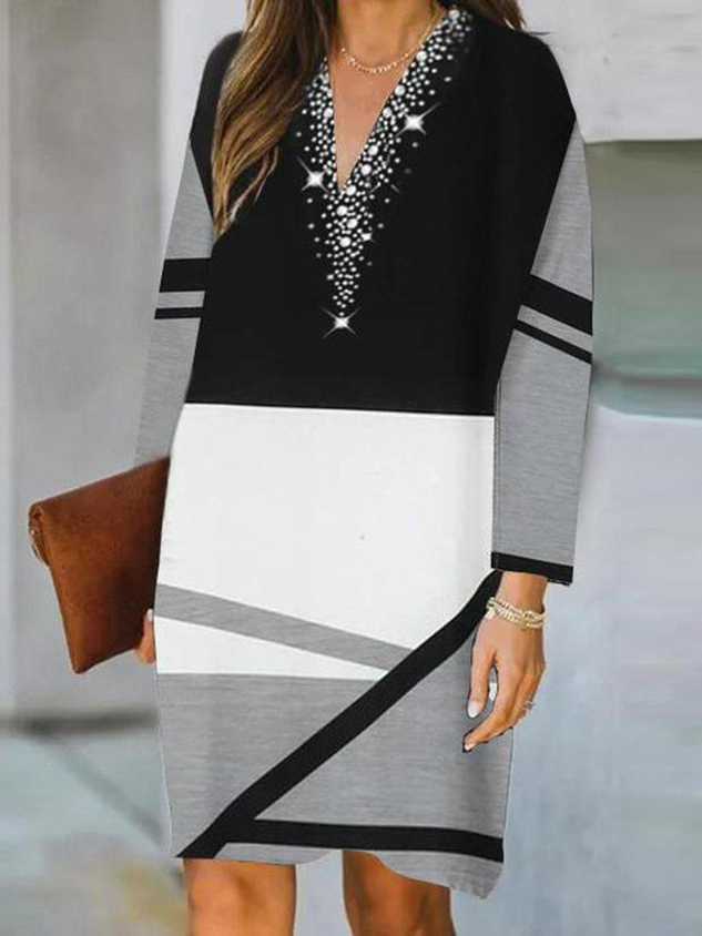 Casual Color Block V Neck Regular Fit Dress