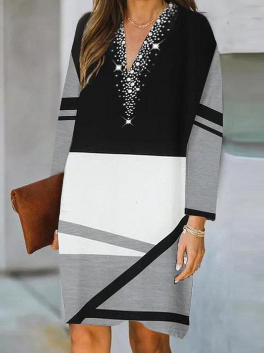 Casual Color Block V Neck Regular Fit Dress